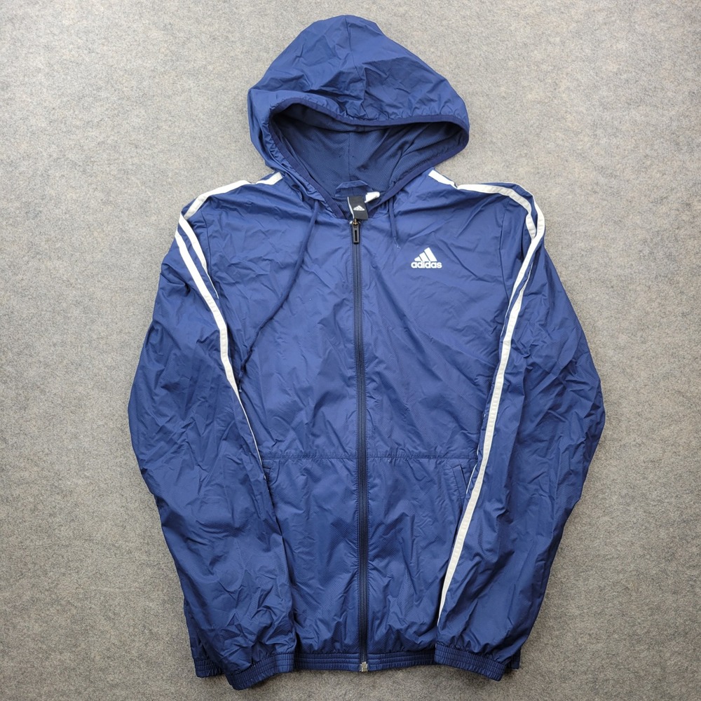 Adidas Jacket Mens Small Hooded 3-Stripe CD9151 Navy Blue Full Zip Windbreaker